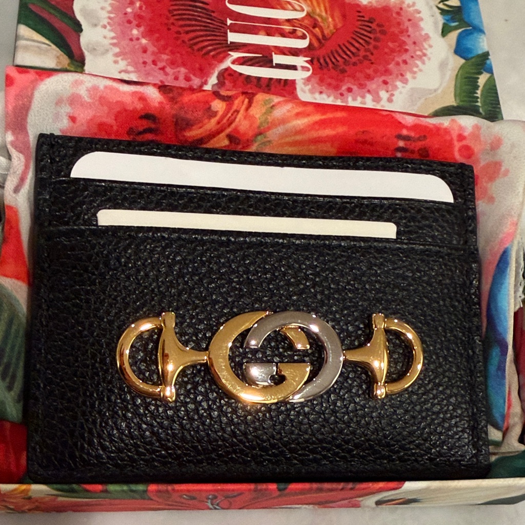 Gucci Black Leather Card Holder With Gold And Silver Accents